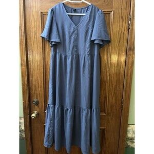 SHEIN Curve Blue Midi Dress V-Neck A-Line 1XL Short Flutter Sleeve
